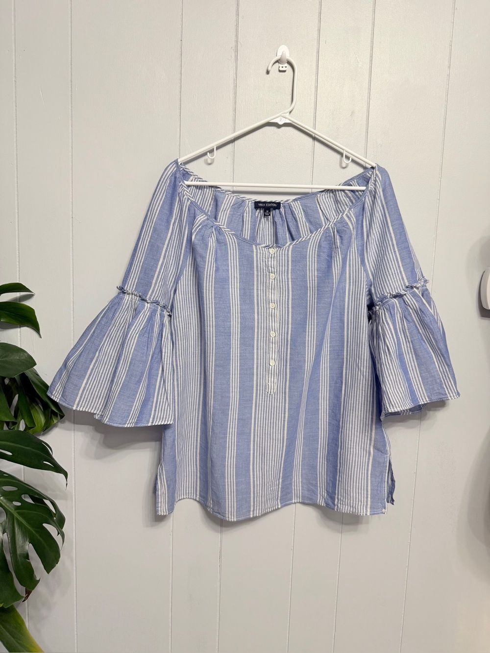 #19) Max Edition Blue and White Striped Off-Shoulder Bell Sleeve Cotton Blouse